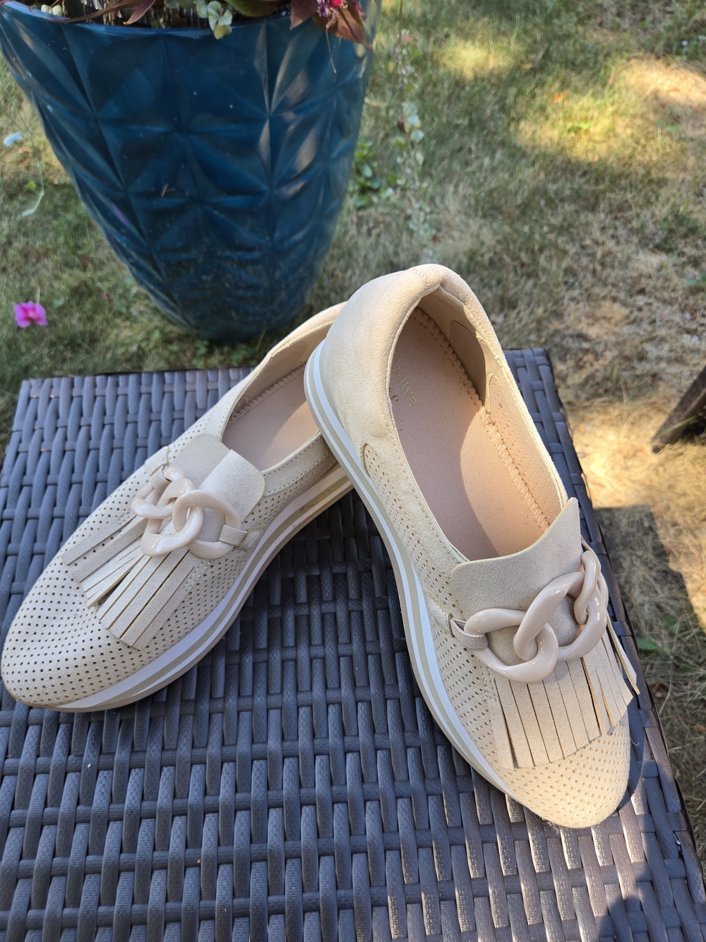 crown & ivy Beige Fringe Loafers with Chain Accent